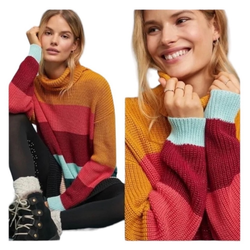 FARM RIO ANTHROPOLOGIE Tunic Sweater Turtleneck Medium Knit Stripes Colorblock